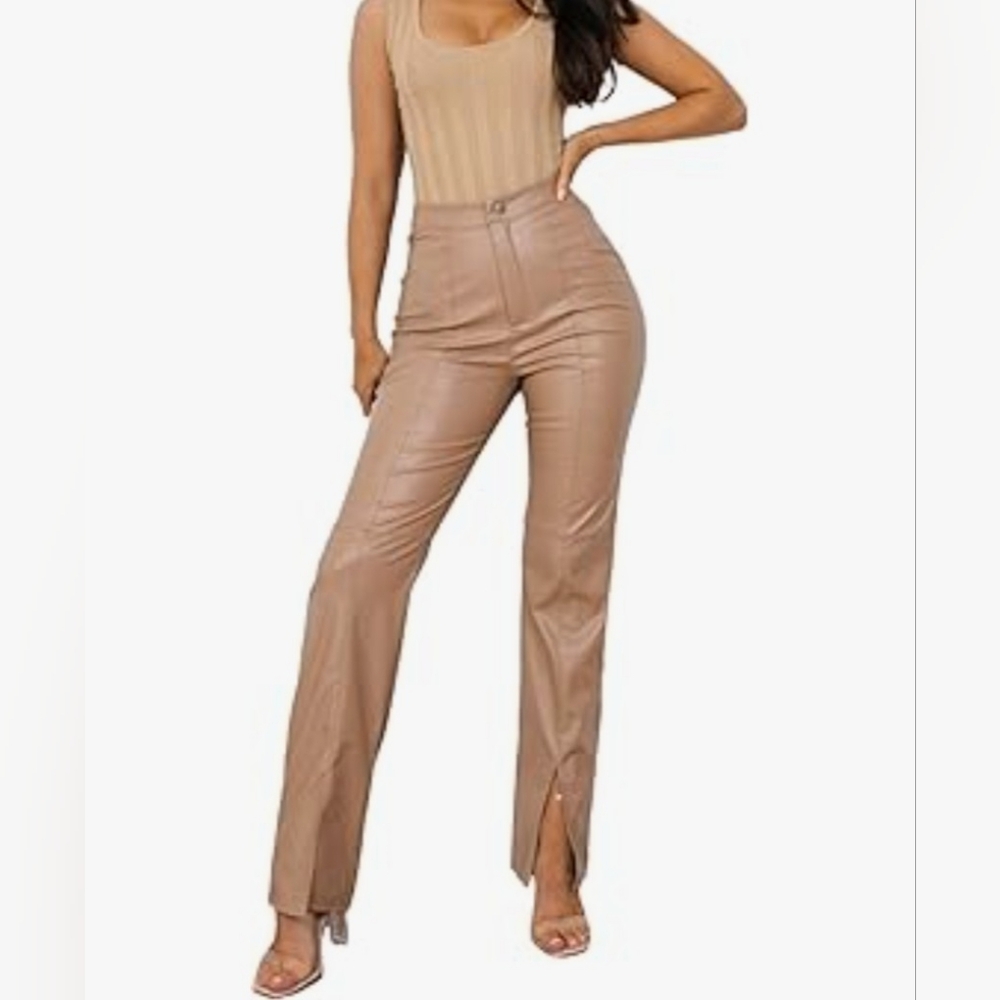 Shuyun Tan High-Waisted Faux Leather Split Hem Straight Leg Pants Size M